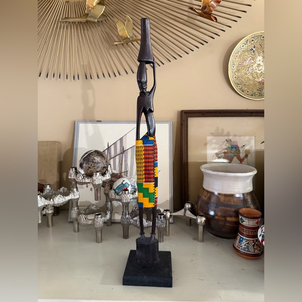 Vintage Hand Carved African Maasai Woman Statue w/ Shuka Cloth Wrap